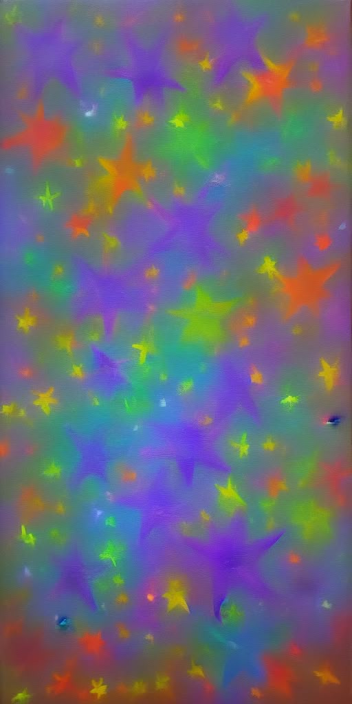 an abstract painting with many colors and stars in the sky, including blue, green, orange