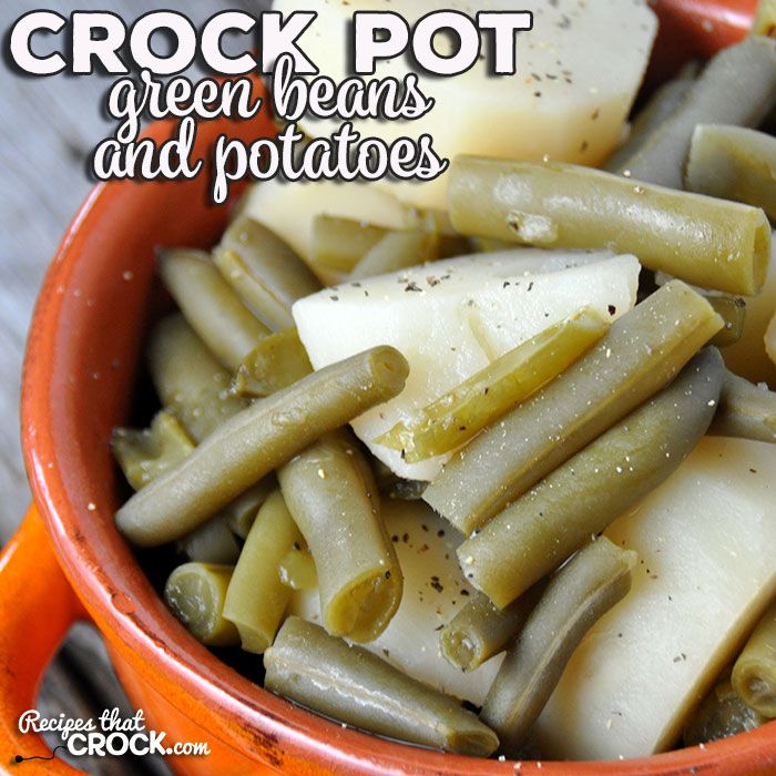 a bowl filled with green beans and potatoes next to an orange container that says crock pot