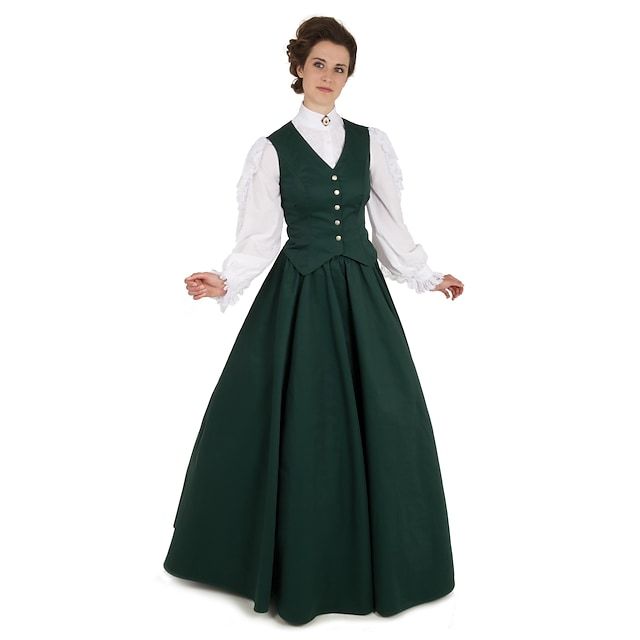 Green Formal Dress With Historical Design, Formal Green Dress With Historical Design, Historical Style Dresses For Fancy Dress, Green Victorian Dress With Historical Design, Green Dress With Historical Design, Victorian Green Costume Dress, Fitted Historical Costume Vintage Dress, Vintage Fitted Medieval Dress For Formal Occasions, Regency Style Costume Dress With Buttons