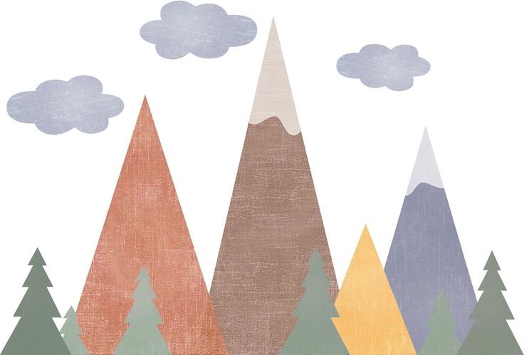 an illustration of mountains and trees with clouds in the sky