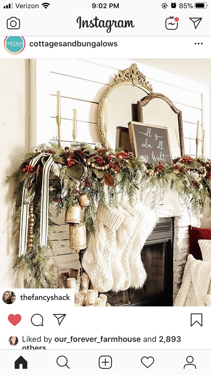 a mantel decorated with stockings and christmas decorations