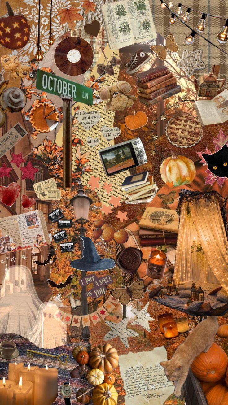 a collage of many different items including books and pumpkins on top of each other