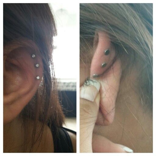 two pictures of the same person with piercings on their ears and behind them is a woman's ear