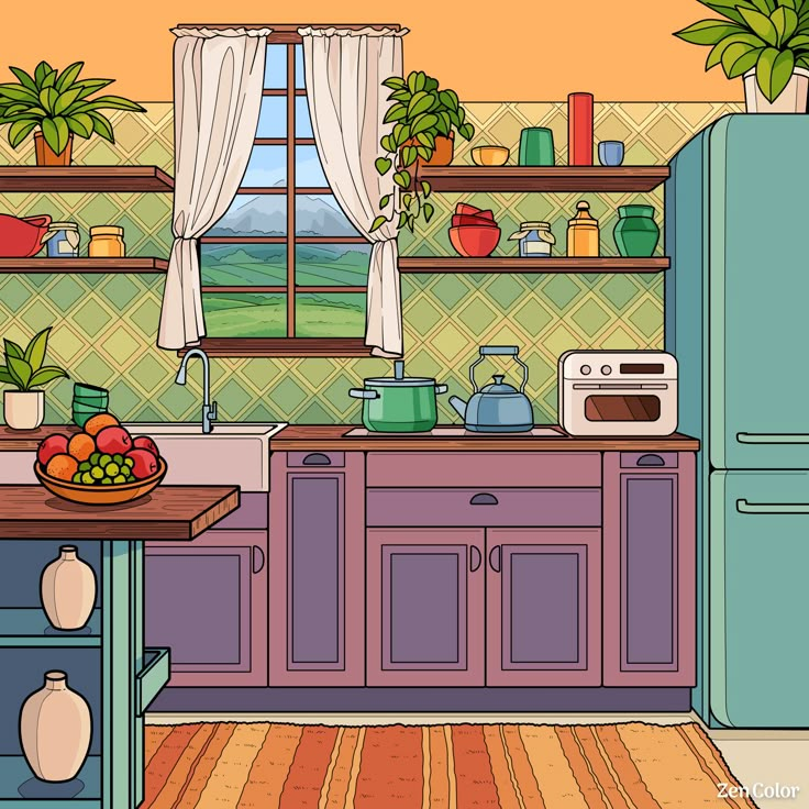 a kitchen with blue cabinets and green walls