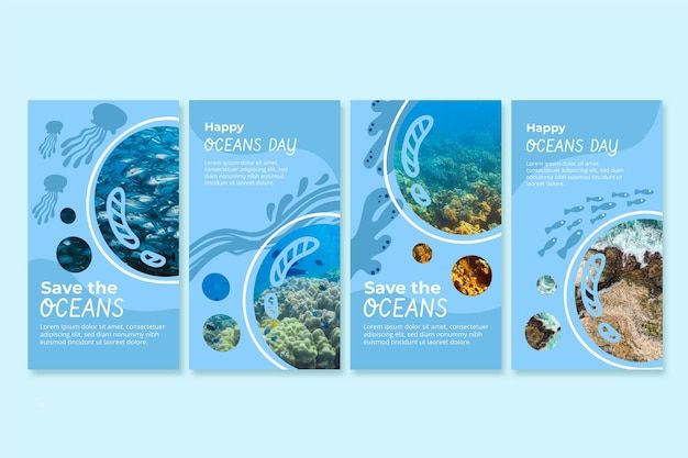 three banners for the ocean day with an image of fish and corals on them