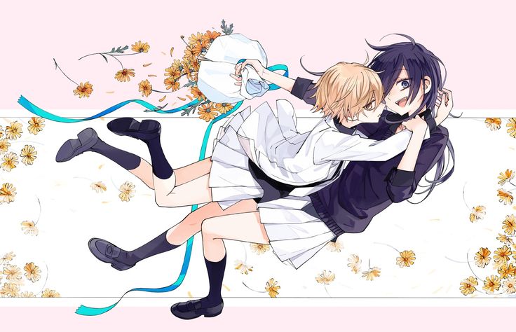 two anime characters laying on top of each other with flowers in the back ground behind them