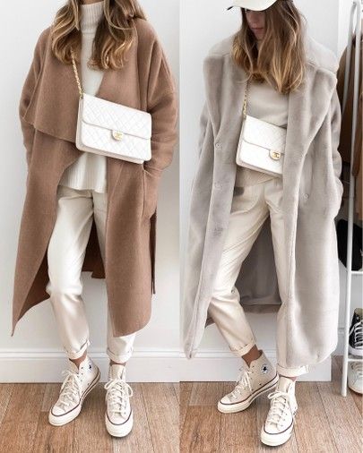 LIKEtoKNOW.it Beige High Top Sneakers Outfit, Converse Cream Outfit, Cream Converse High Tops Outfit, Neutral Converse Outfit, Outfits With Beige Converse, White Converse Outfit Spring, Cream Pants Outfit Winter, Cream Converse Outfit, Cream Bag Outfit