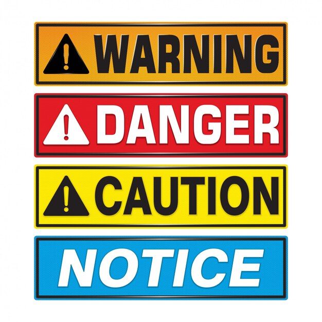 three warning signs are shown in different colors and sizes, including danger, caution, notice