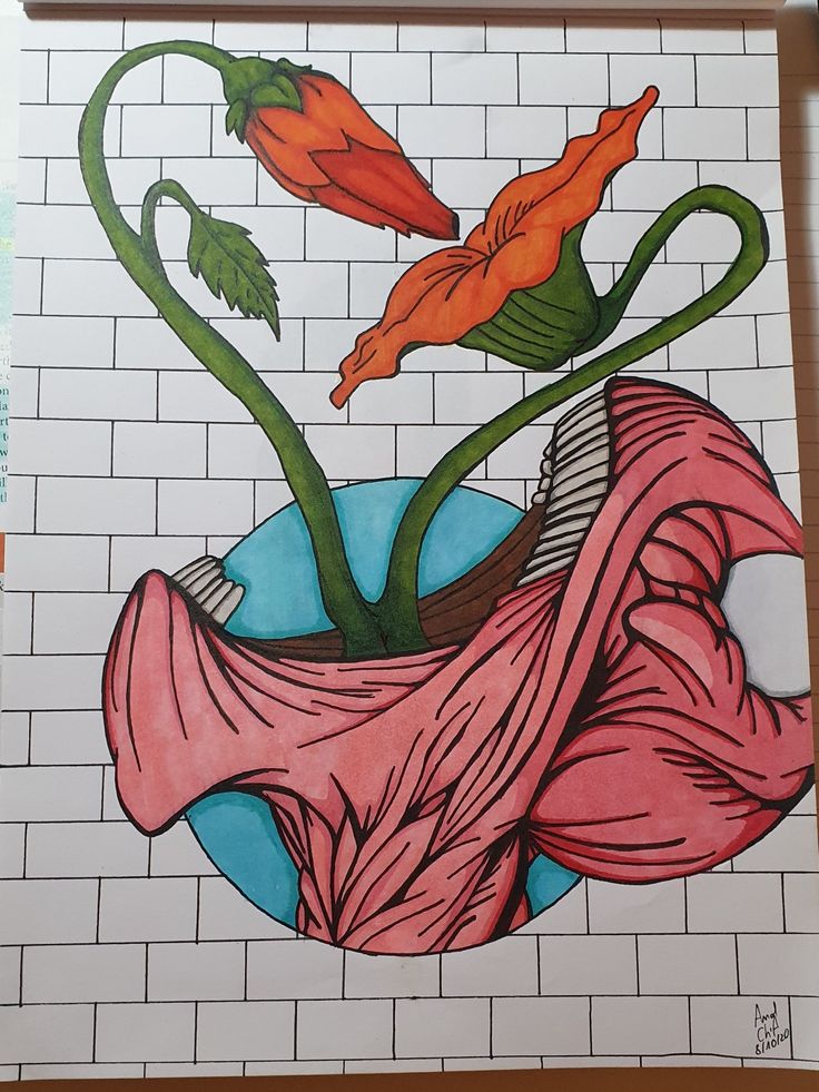 a drawing of flowers in a vase on a tiled wall