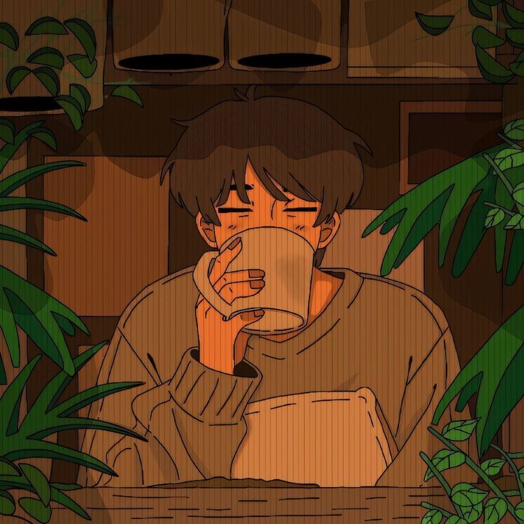 a man sitting at a table drinking from a coffee cup in front of some plants