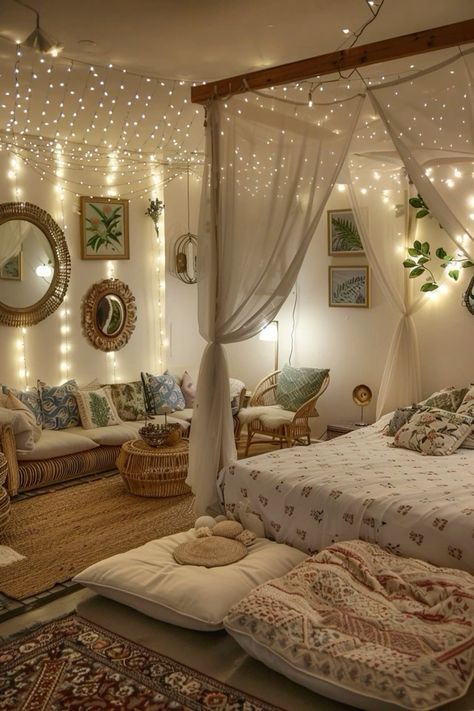 a bed room with a neatly made bed and lots of lights