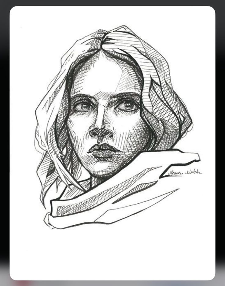 a black and white drawing of a woman's face with a scarf around her head