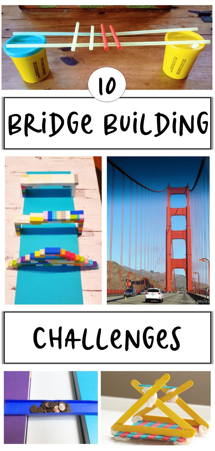 The pin shows four images of different bridges made from simple materials and then a real photograph of a huge bridge from a trip/travel. Stem Build A Bridge, Stem Bridge Challenge, London Bridge Activities Preschool, Bridges Preschool Activities, Build A Bridge Stem Challenge, Building A Bridge Project For Kids, Bridge Activities For Preschoolers, The Family Under The Bridge Activities, Engineering Activities For Kindergarten