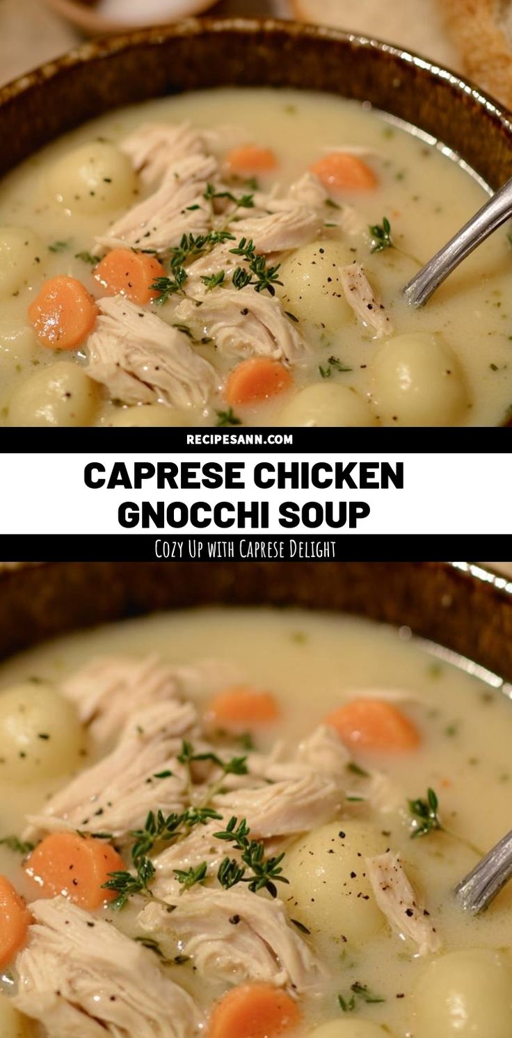 two pictures of chicken and gnocchi soup with carrots