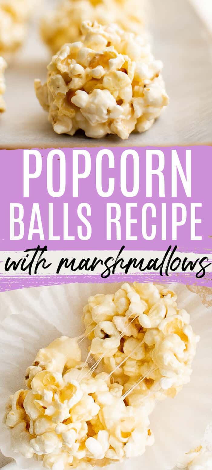 popcorn balls recipe with macaroni and cheese on a white paper plate in the background