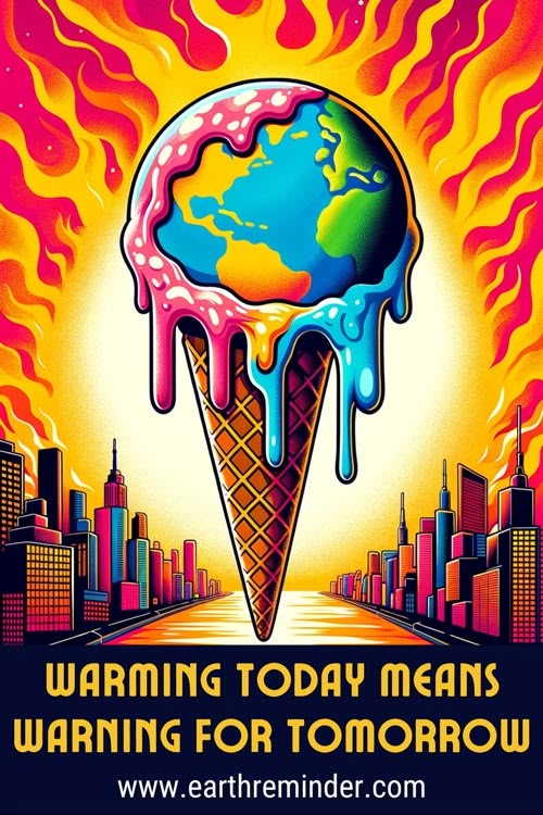 an ice cream cone with the earth melting on it's side and text warning today means warming for tomorrow