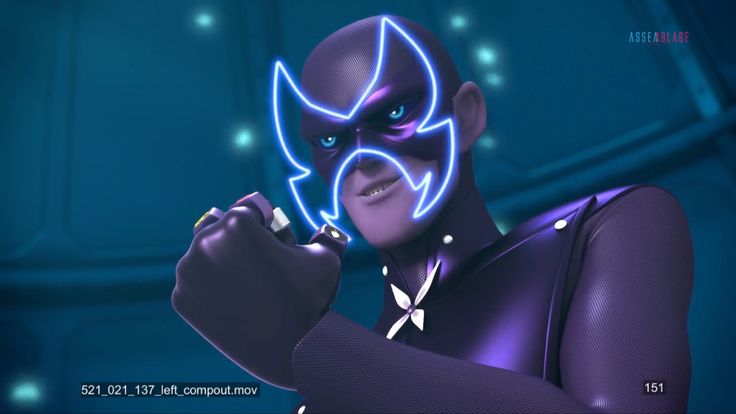 an animated character with blue eyes and purple skin holding a cell phone in his right hand