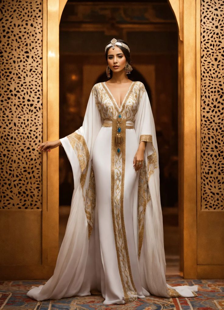 Egyptian Goddess Dress, White Haute Couture, Egypt Inspiration, Egyptian Inspired Fashion, Egyptian Dress, Kaftan Style Dresses, Egyptian Fashion, Klimt Art, Egyptian Women