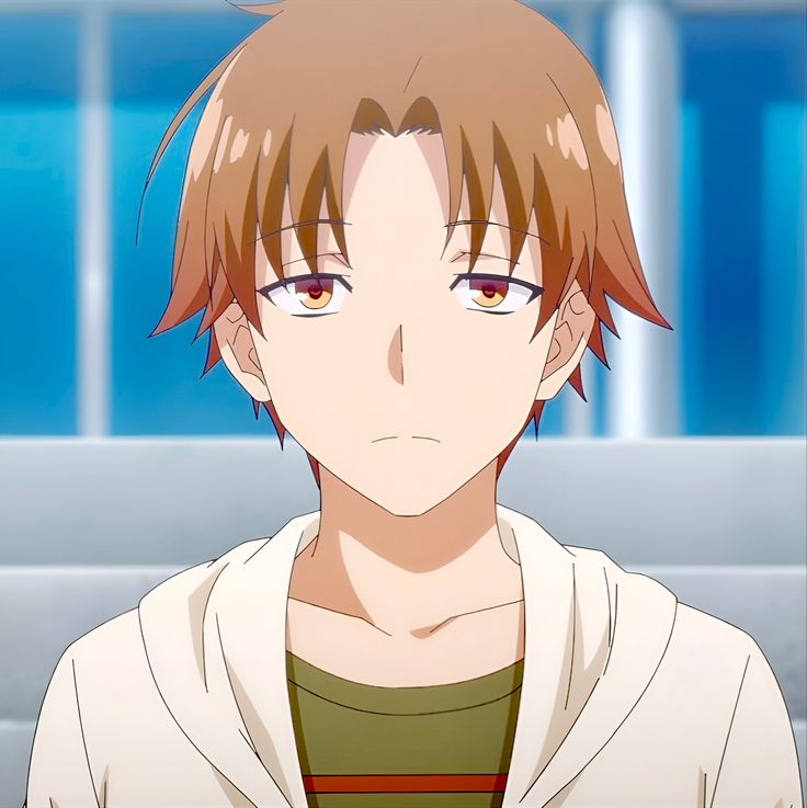 an anime character with brown hair and red eyes looking at the camera while wearing a white jacket