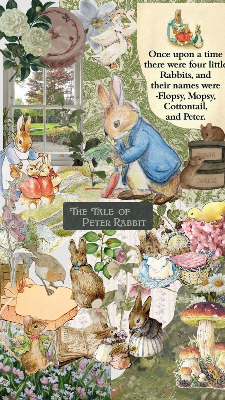 the tale of peter rabbit is shown in this collage with flowers and other items