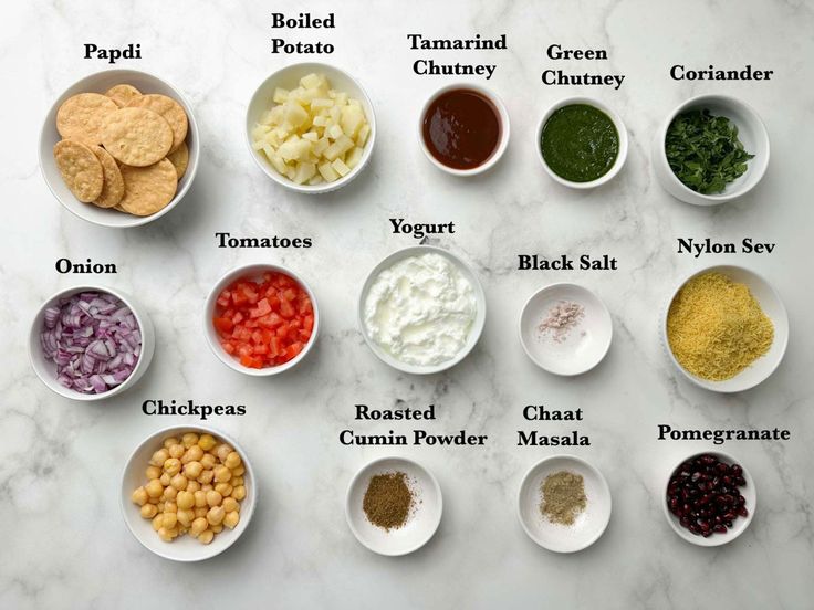 an image of different types of food in bowls on a table with the ingredients labeled