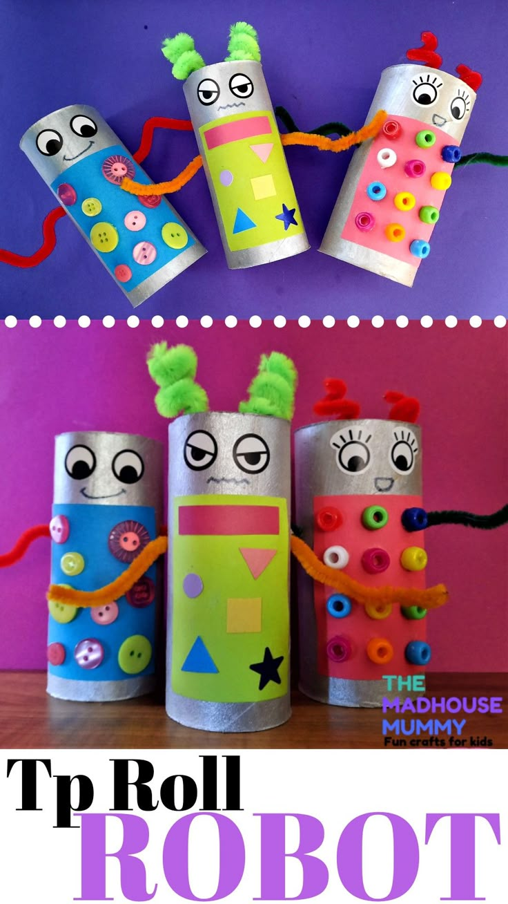 Recycled Robot Craft Preschool, Robot Craft Preschool Art Projects, Tp Roll Crafts For Kids, Robot Craft Ideas, Robot Craft Preschool, Robot Crafts, Recycling Activities For Kids, Junk Modelling, Recycling Activities