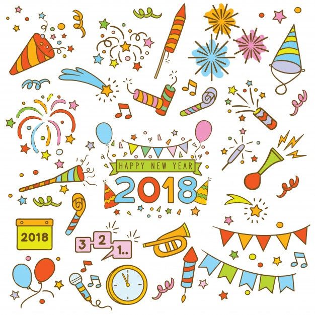 colorful new year's eve clipart with fireworks, balloons, streamers and confetti