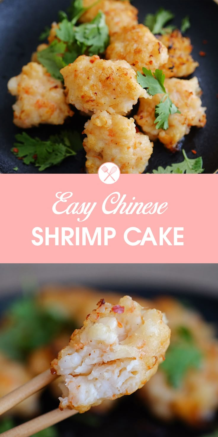 shrimp cake with chopsticks and parsley on the side, in a black plate