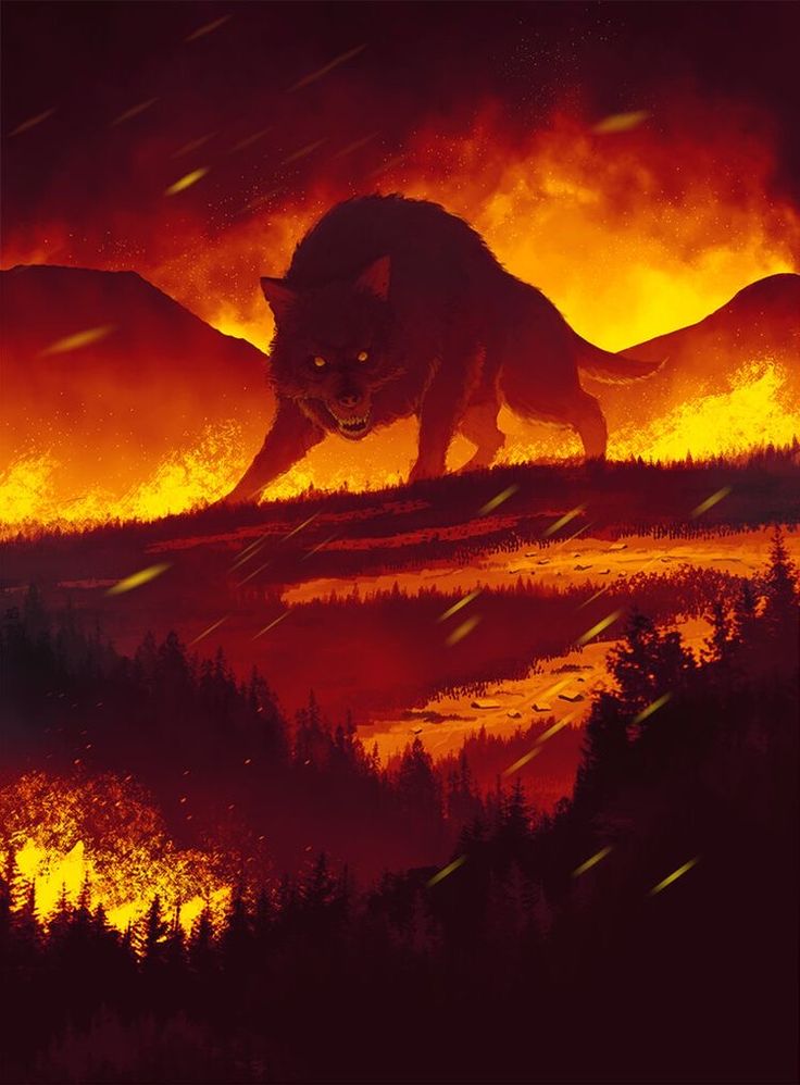 a wolf is walking through the fire with mountains in the background