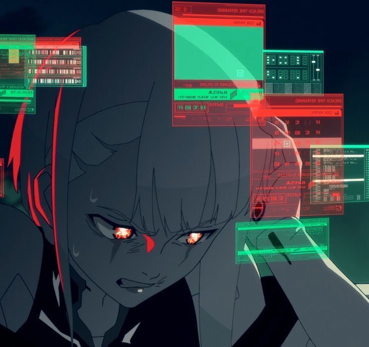 an anime character with red eyes and headphones in front of computer screens on the wall