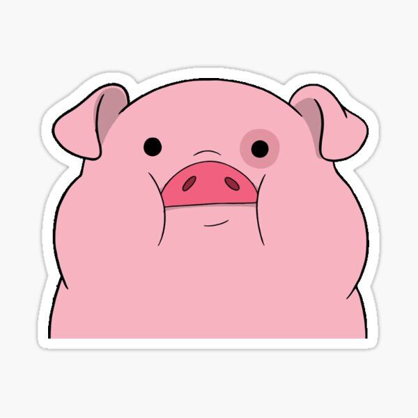 a pink pig sticker with black eyes and nose sticking out from behind it's head