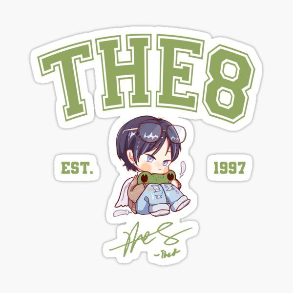 the 8 sticker is shown with an anime character in green and white lettering on it