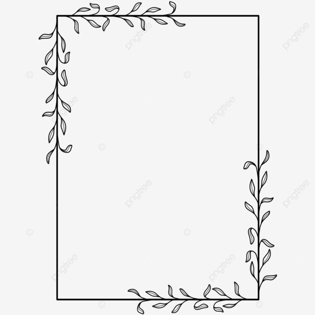 a black and white square frame with leaves on it, hand drawn, line art png