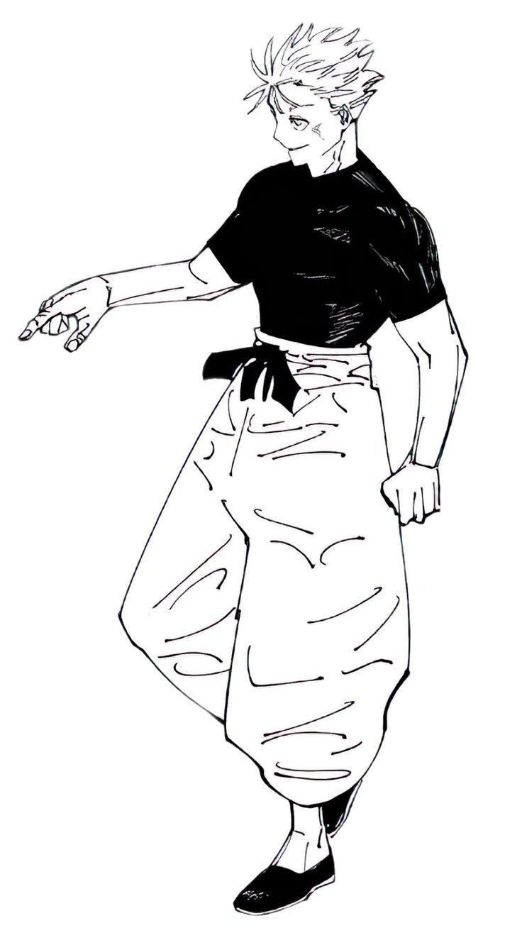 a black and white drawing of a man in an apron pointing to the side with his hand