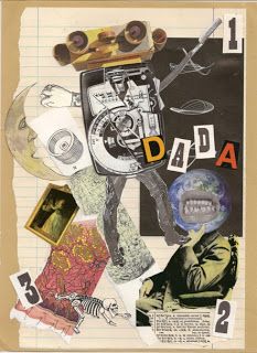 an altered collage with pictures and words on it, including a man's head