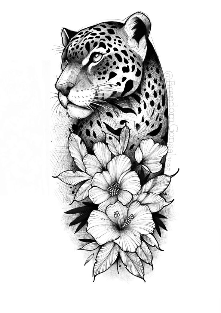 a black and white drawing of a leopard surrounded by flowers