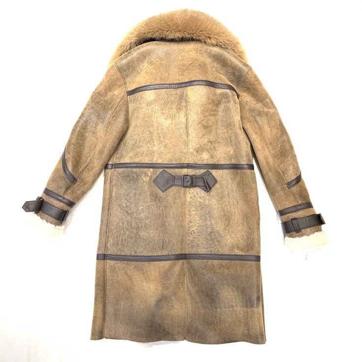 Daniels Leather Whiskey Fox 3/4 Shearling Jacket - Dudes Boutique Brown Sheepskin Outerwear With Faux Fur Trim, Luxury Shearling Outerwear For Work, Designer Shearling Outerwear For Work, Luxury Brown Long Coat, Shearling Outerwear With Faux Fur Lining, Long Coat, Brown Shearling Fur Coat With Faux Fur Trim, Mink Colored Leather Outerwear With Faux Fur Trim, Brown Shearling Fur Coat With Long Sleeves, Brown Shearling Fur Coat