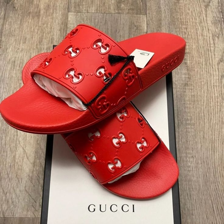 %100 Percent Authentic!! Bought A Size Too Small For My Husband. Red Gucci Pool Slide Sandals Size 8 Luxury Red Slip-on Sandals, Gucci Designer Sandals With Red Sole, Gucci Red Open Toe Sandals, Designer Gucci Slides, Red Gucci Slides With Branded Insole, Flat Gucci Sandals With Red Sole, Gucci Red Round Toe Sandals, Red Gucci Slides With Round Toe, Gucci Leather Sandals With Red Sole