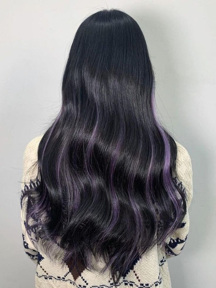 Hair Dye Ideas For Dark Brown Hair Highlights, Dark Violet Highlights On Black Hair, Long Black Hair With Peekaboo Highlights, Black Hair Lavender Highlights, Black Hair With Pastel Highlights, Hair Dye Inspo Black Hair, Highlight Purple Hair, Violet Highlights On Black Hair, Highlight Color Ideas For Black Hair