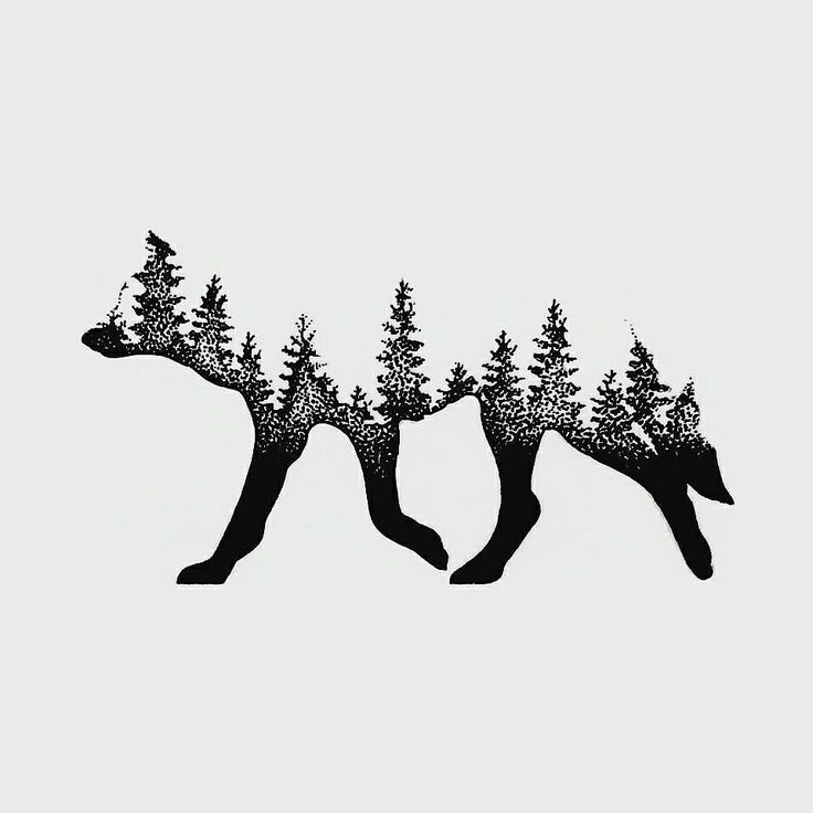 two black and white silhouettes of trees in the shape of animals