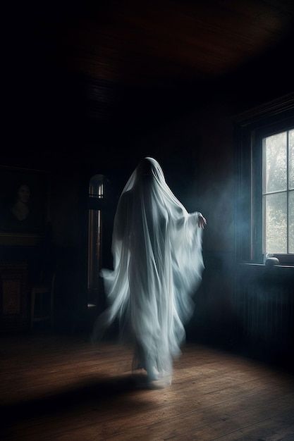 a ghostly woman standing in front of a window with her arms spread out and wearing a long white veil