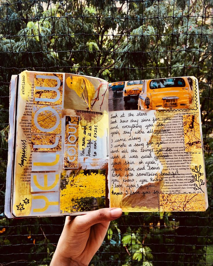 a hand holding an open book in front of a wire fence with trees and bushes behind it