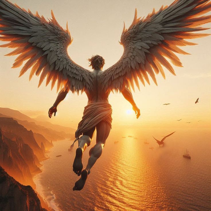 an artist's rendering of a man with wings flying over the ocean at sunset