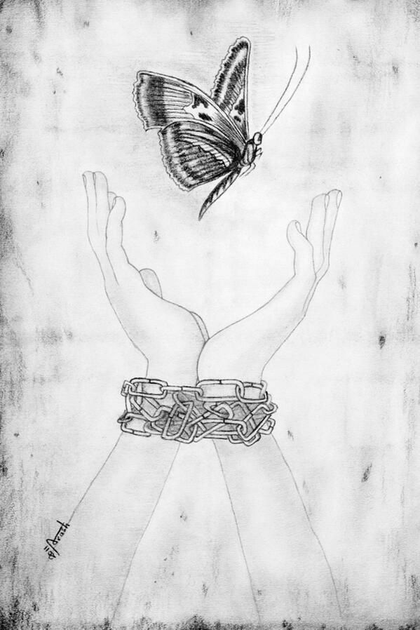 a drawing of two hands holding a butterfly on top of each other's body