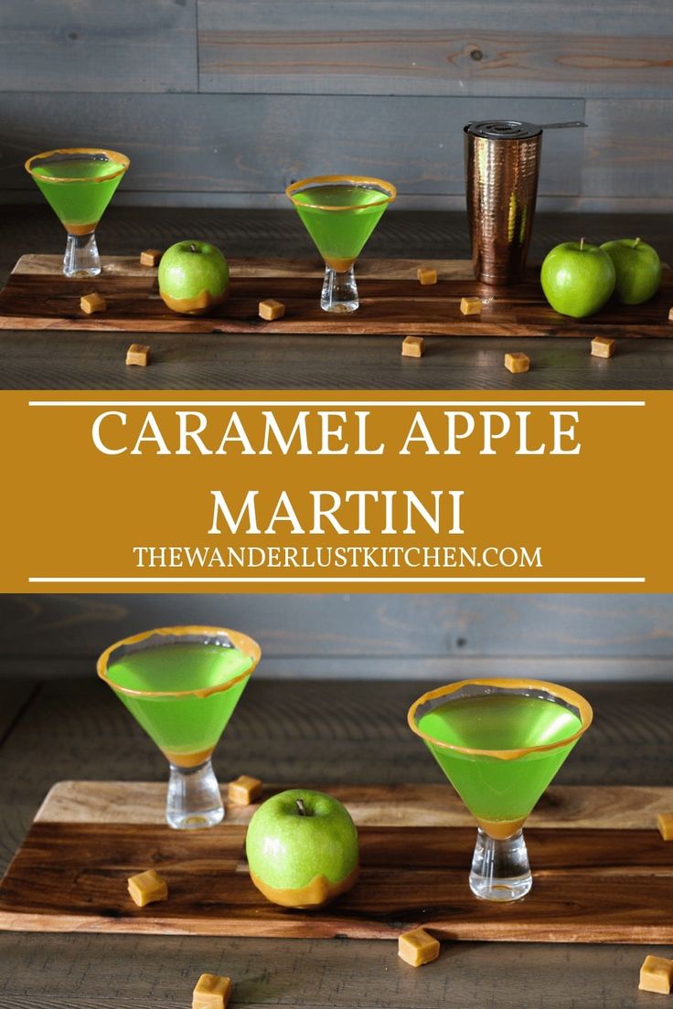 the caramel apple martini is served in small glasses on a wooden tray with apples