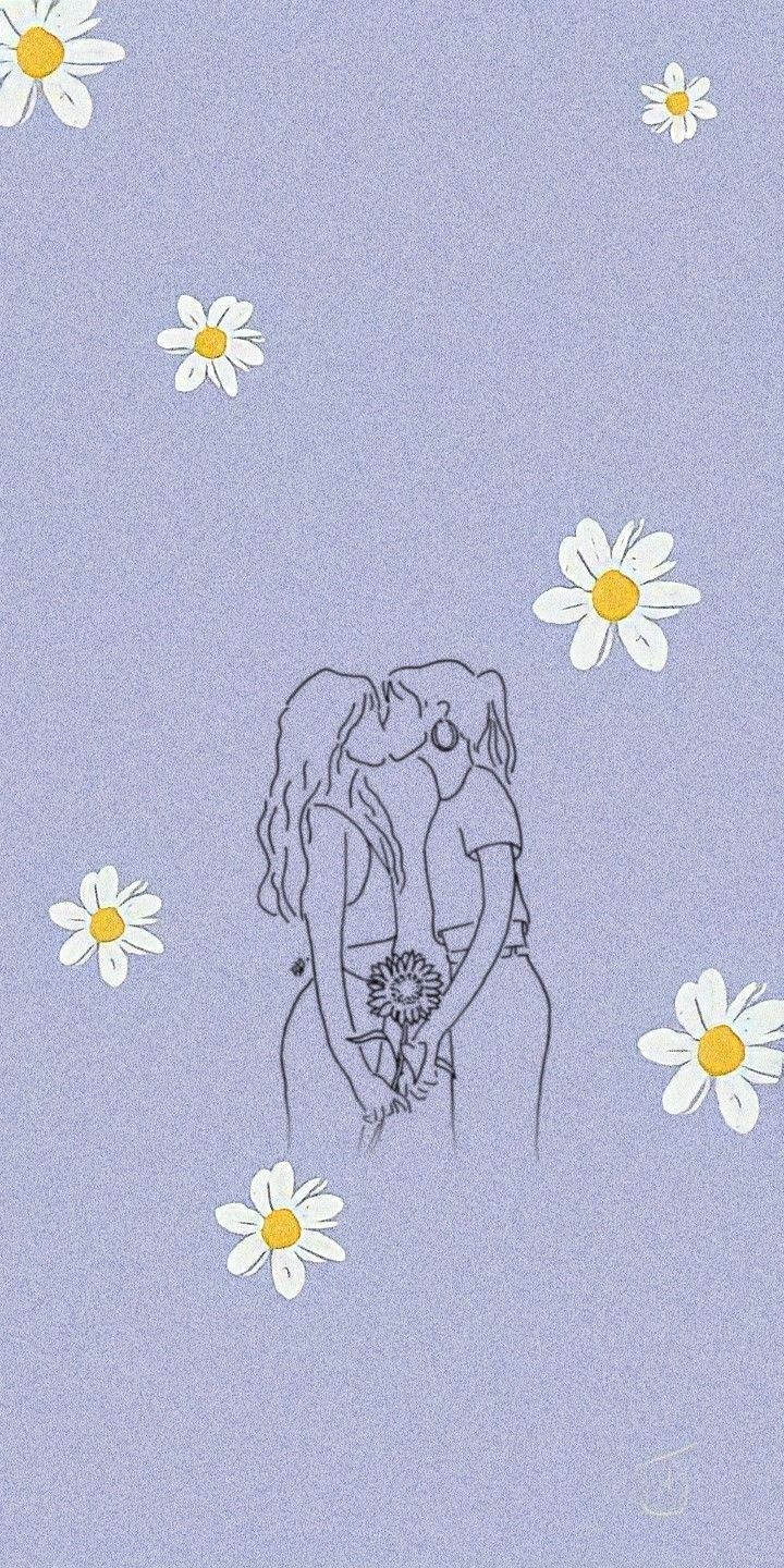 two people kissing in front of daisies on a blue background with yellow and white flowers