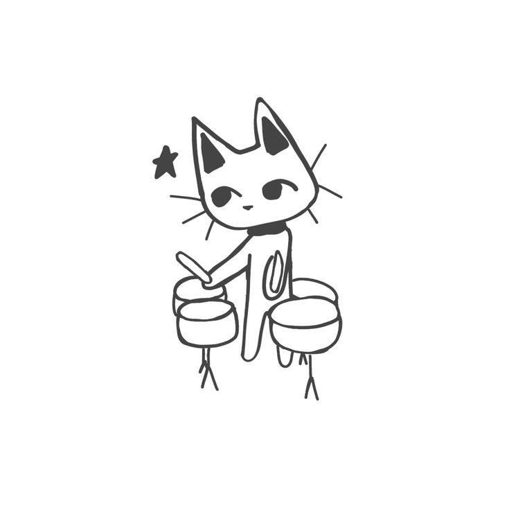 a black and white drawing of a cat playing drums with stars on the top of it