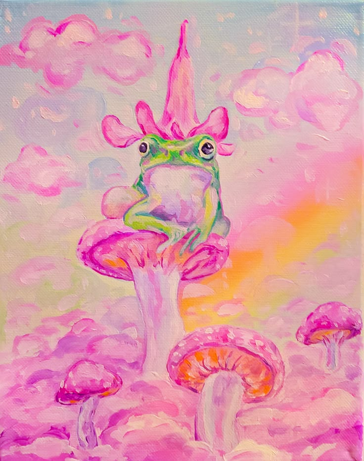 a painting of a frog sitting on top of a mushroom with pink clouds in the background