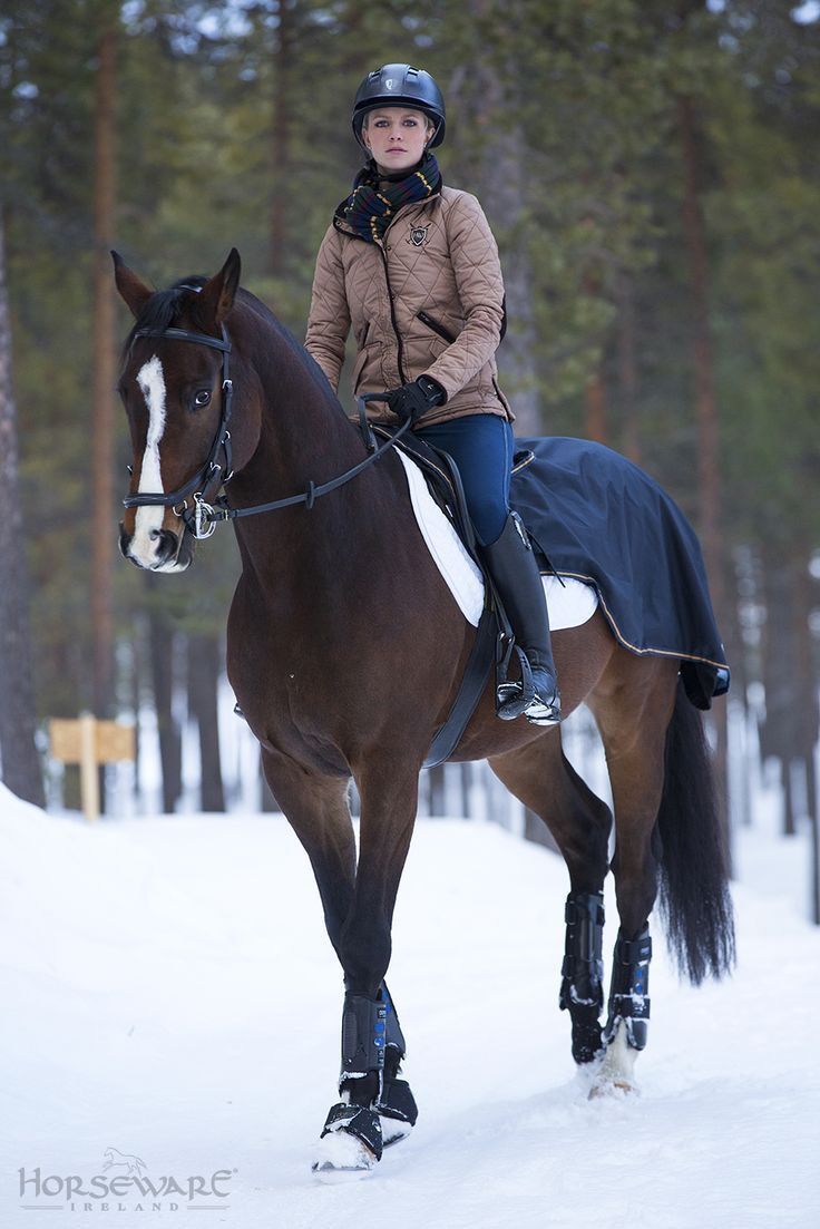 a woman riding on the back of a brown and white horse in snow covered forest