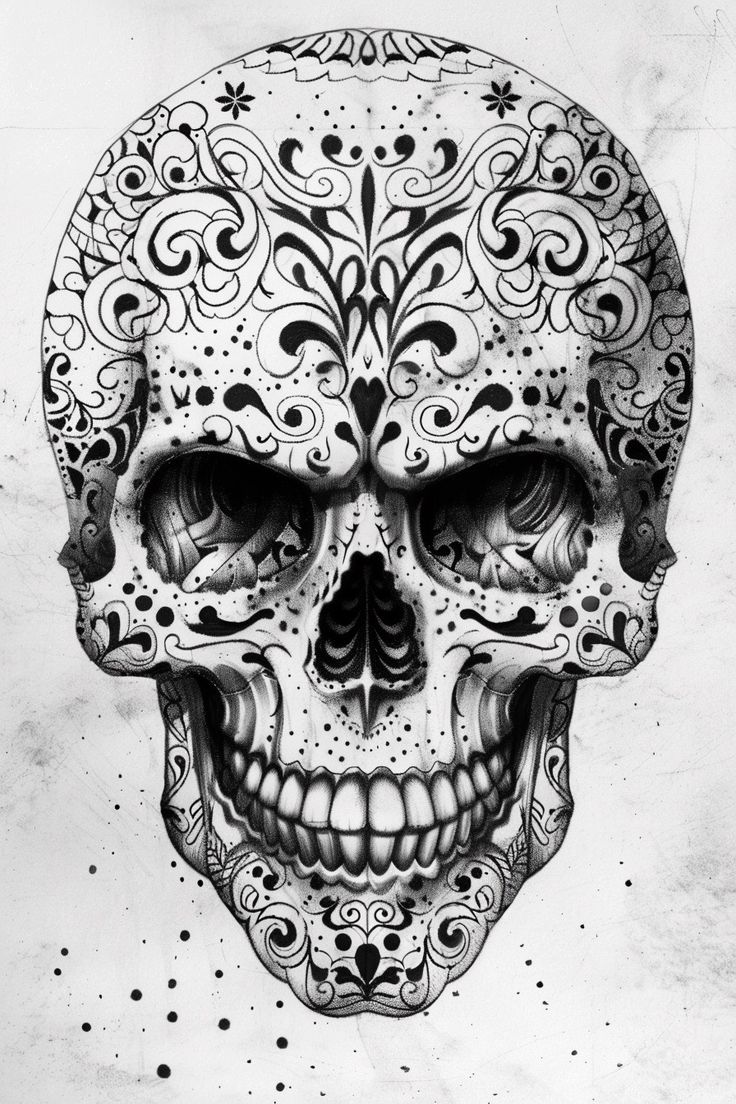 a black and white drawing of a skull with intricate designs on it's face